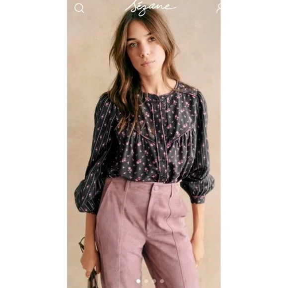 Sezane Women Size 42/US 10 Milou Shirt Maxi Floral Patchwork Black Blouse - Picture 1 of 12
